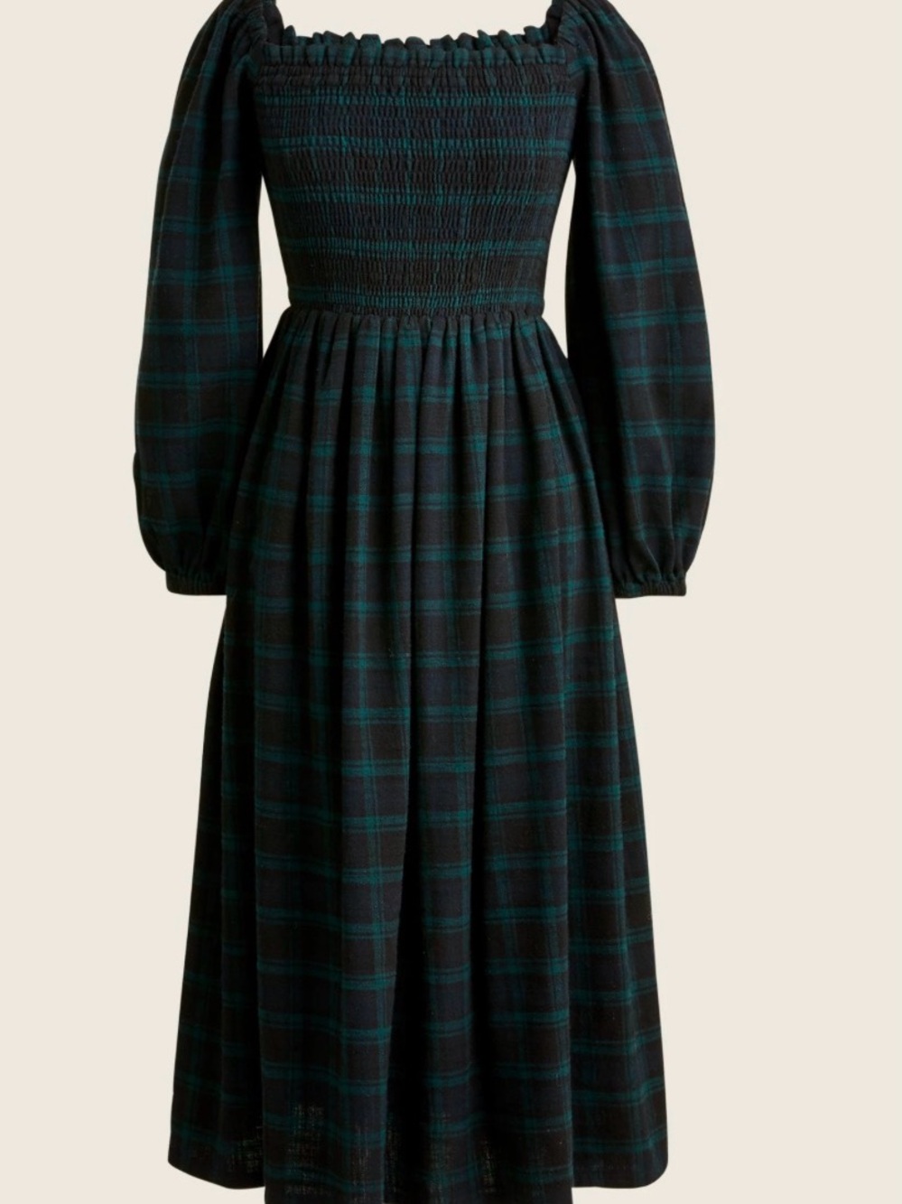J. Crew Dark Green and Black Smocked Midi Dress